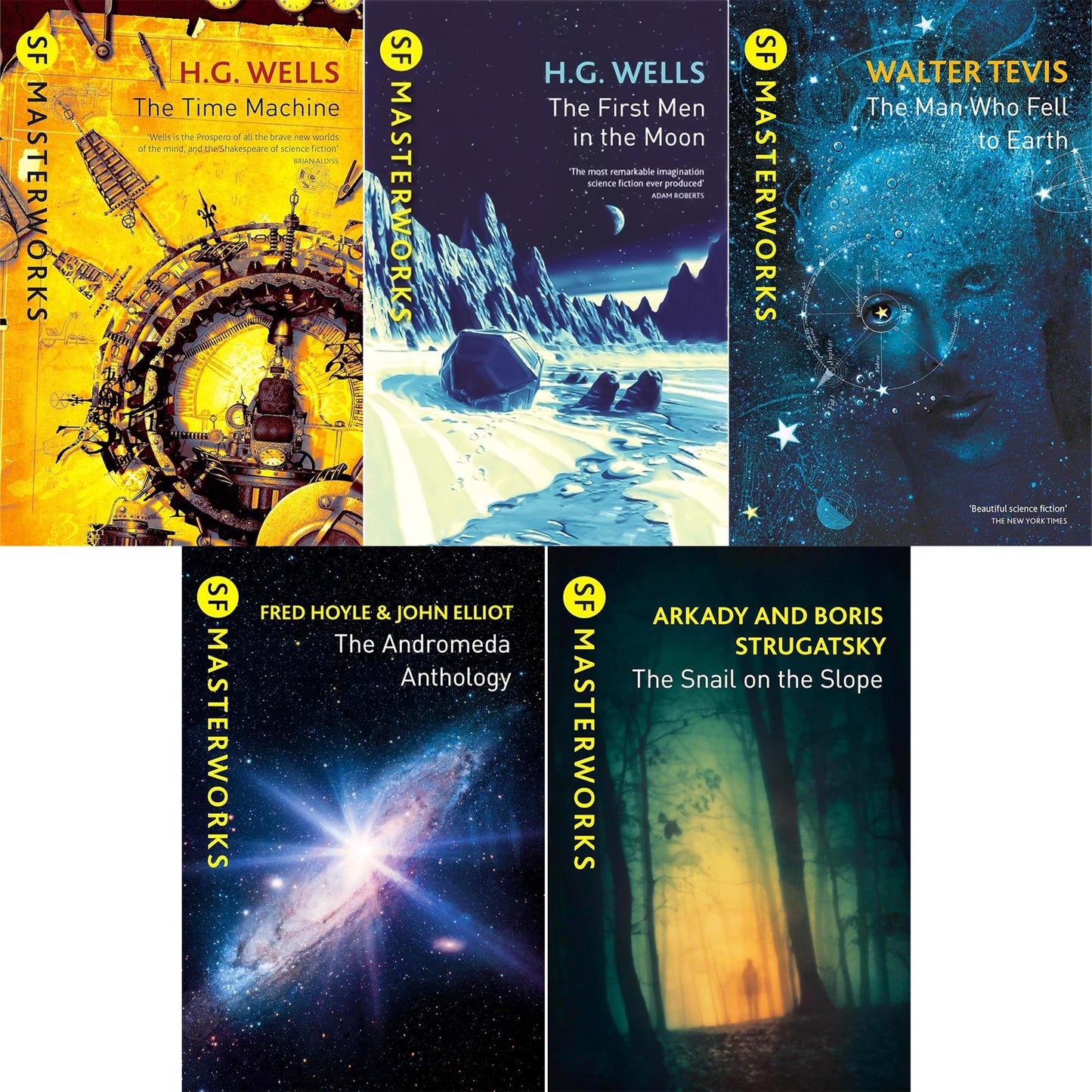 SF Masterworks Collection on First Contact & Parallel Worlds in Time Machine, First Men in the Moon, The Man Who Fell to Earth, Andromeda Anthology & Snail on the Slope (5-Book Set)
