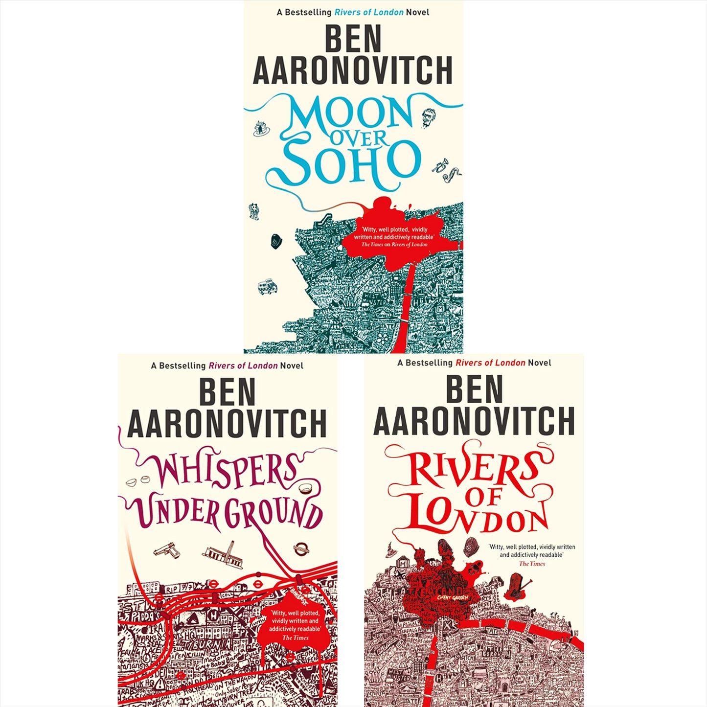 The Rivers of London Series by Ben Aaronovitch: The Magic Beneath London’s Streets in Rivers of London, Moon Over Soho, and Whispers Under Ground