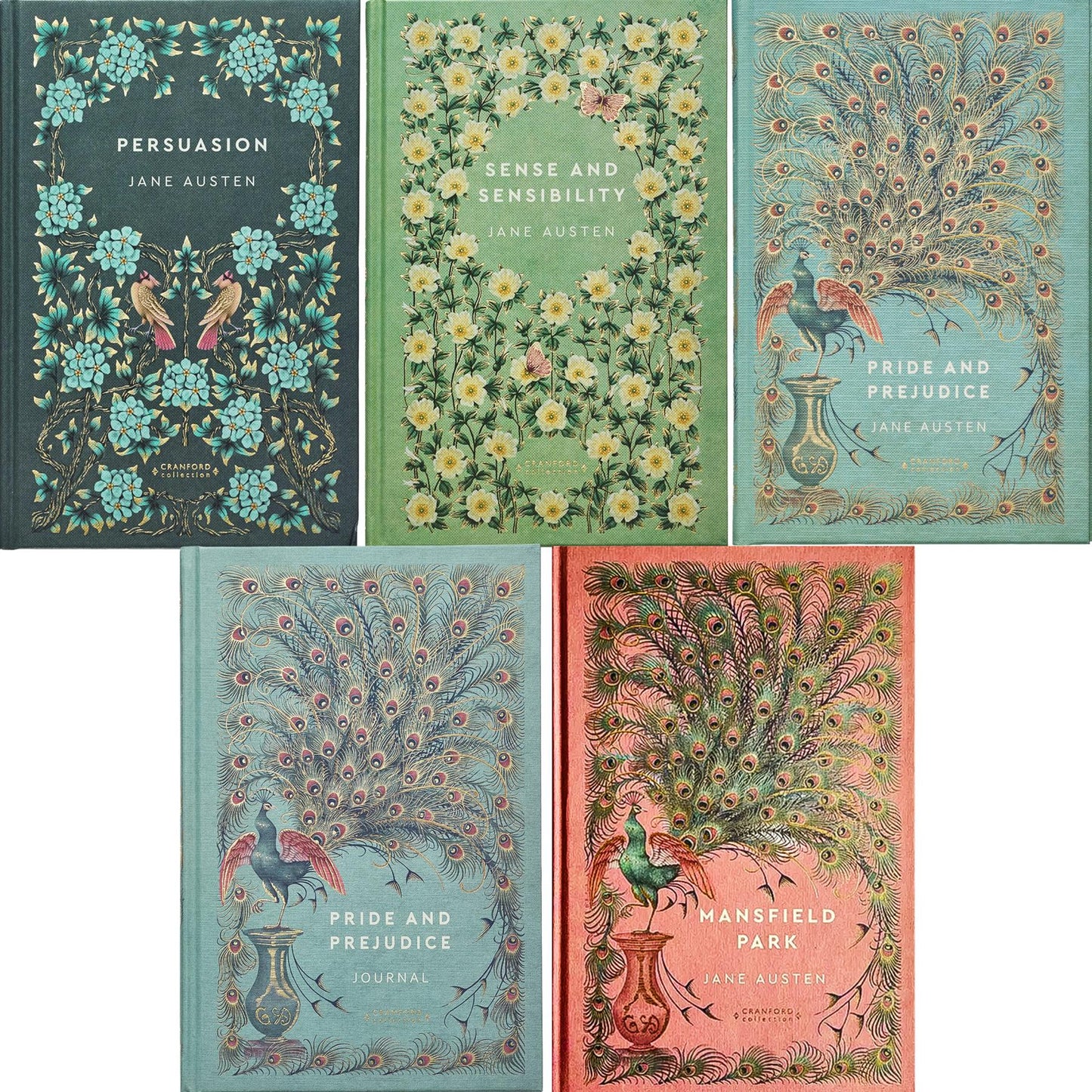 Jane Austen Cranford Edition Romantic Classics (Hardcover, 4 Books) with Pride and Prejudice Journal – Timeless Tales of Love, Wit, and Society in Elegant Gold-Stamped Designs