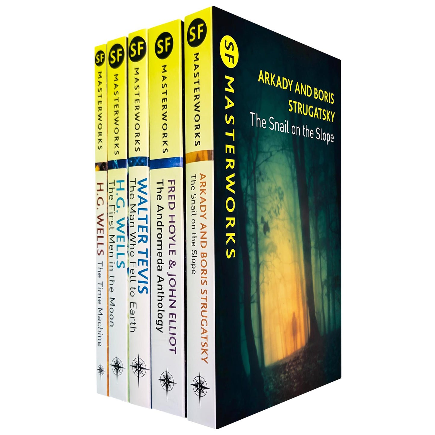 SF Masterworks Collection on First Contact & Parallel Worlds in Time Machine, First Men in the Moon, The Man Who Fell to Earth, Andromeda Anthology & Snail on the Slope (5-Book Set)