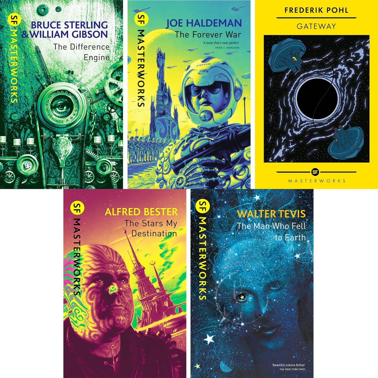 SF Masterworks Collection – Sci-Fi Classics of Technology & Space Exploration in The Difference Engine by Gibson & Sterling, The Forever War by Haldeman, Gateway by Pohl & More (5-Book Set)