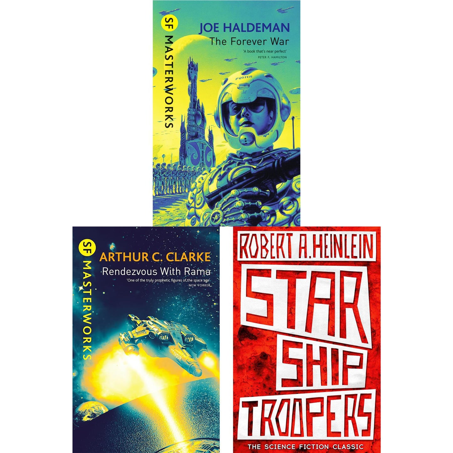 SF Masterworks – Time Dilation, Space Warfare & Alien Encounters in The Forever War by Joe Haldeman, Rendezvous with Rama by Arthur C. Clarke & Starship Troopers by Robert Heinlein (3-Book Set)