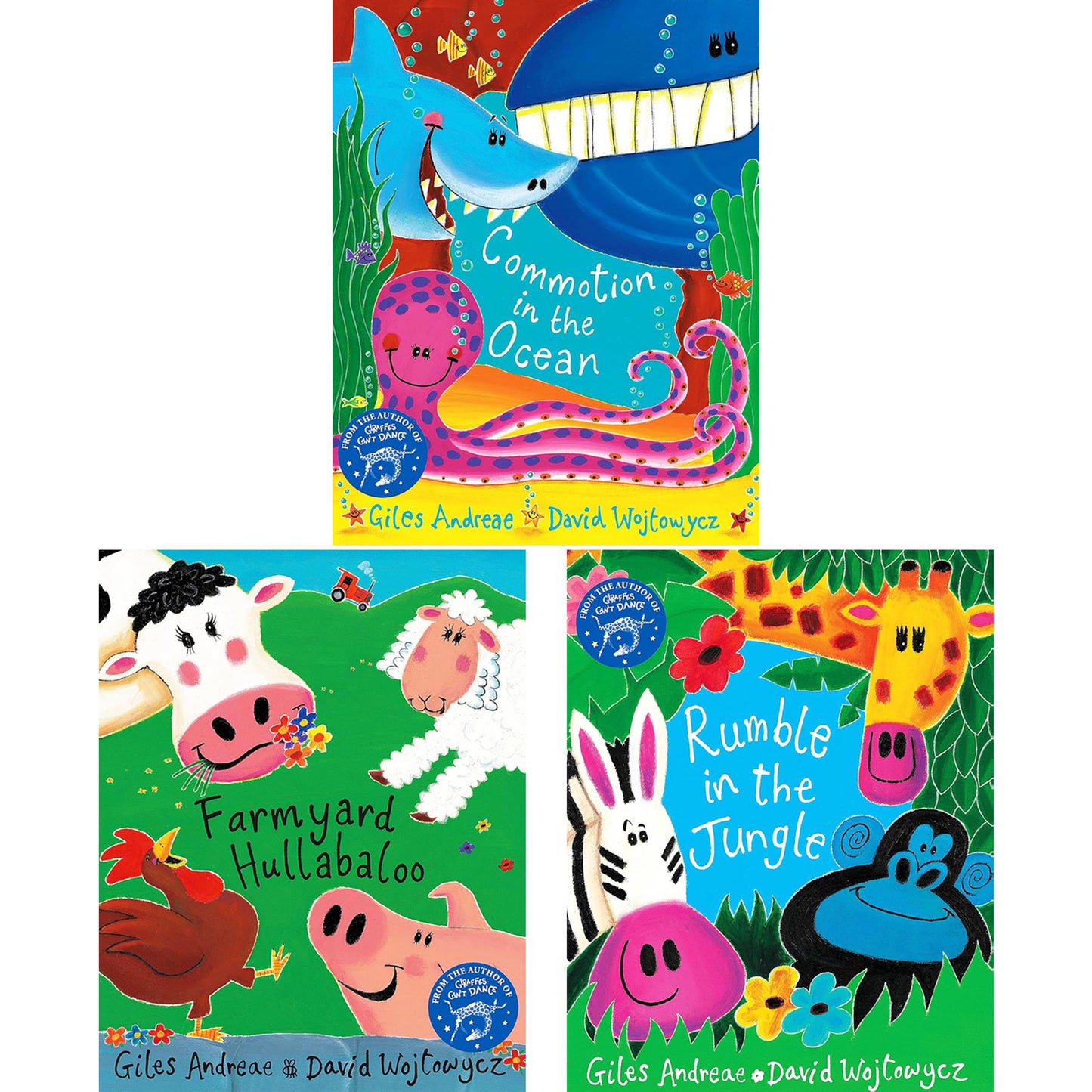 Farmyard Hullabaloo, Rumble in the Jungle & Commotion in the Ocean: A Collection of Fun Rhyming Animal Adventures by Giles Andreae, Illustrated by David Wojtowycz