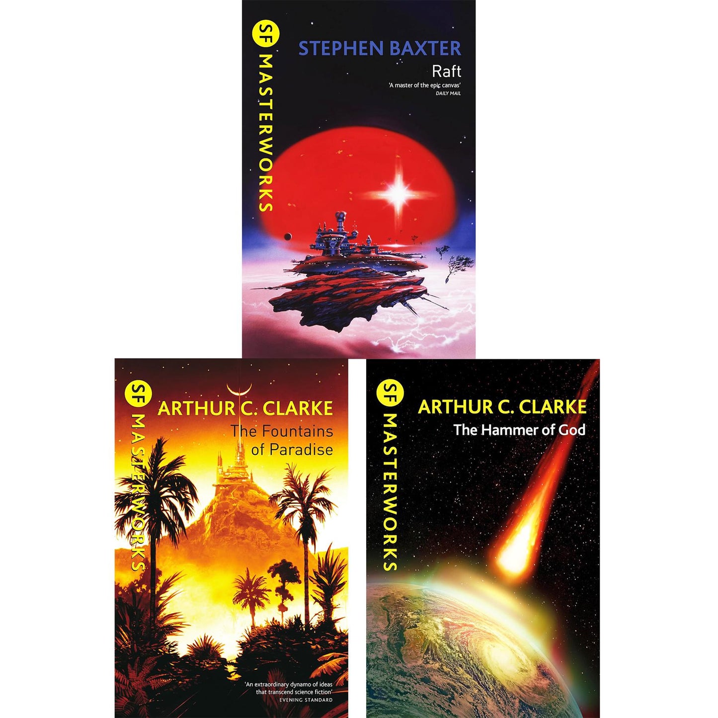 SF Masterworks Collection – Space Exploration, Survival & Human Evolution in Raft by Stephen Baxter, Fountains of Paradise & Hammer of God by Arthur C. Clarke (3-Book Set)