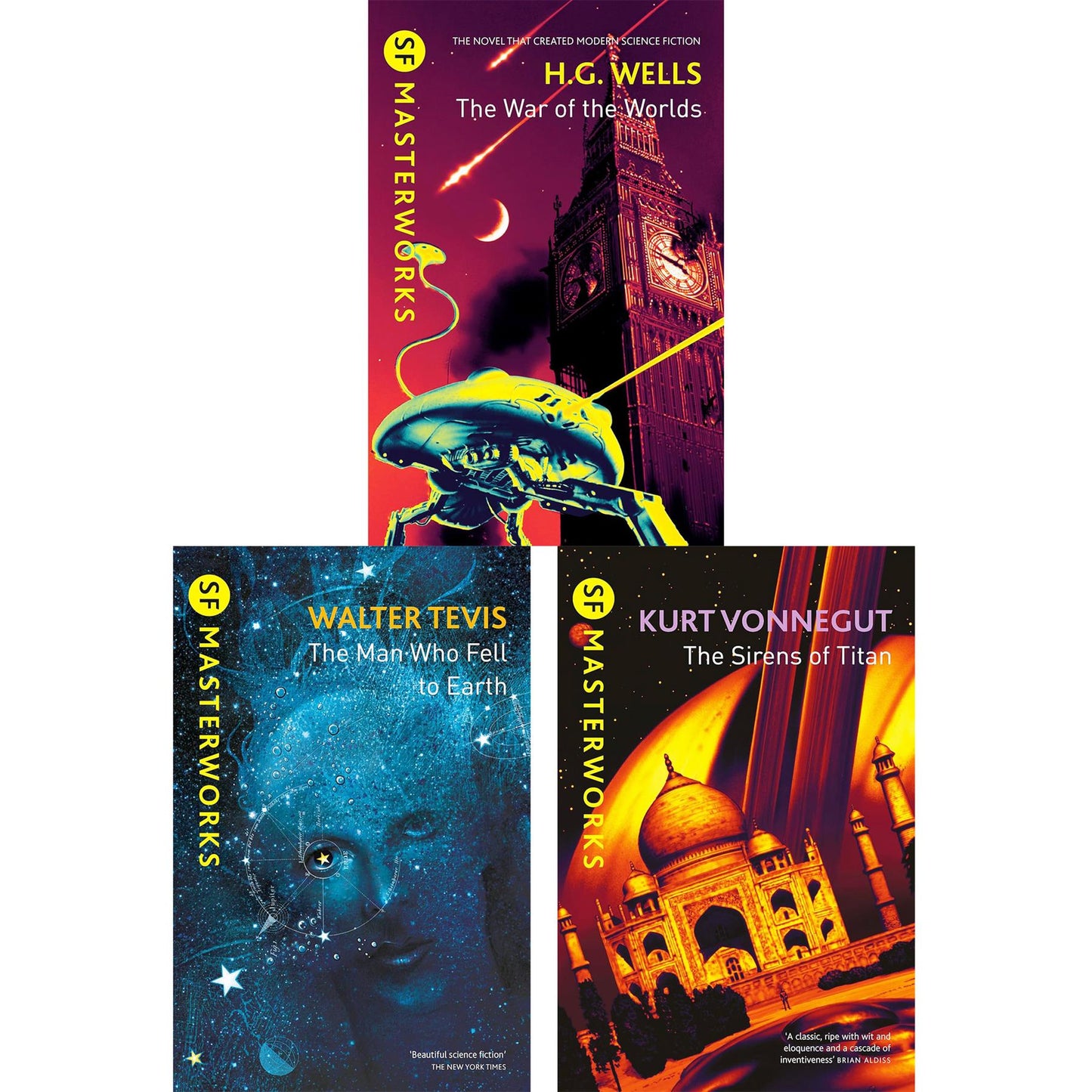 SF Masterworks Collection – Alien Invasions, Cosmic Exploration & Human Struggles in War of the Worlds by H.G. Wells, The Man Who Fell to Earth & Sirens of Titan (3-Book Set)