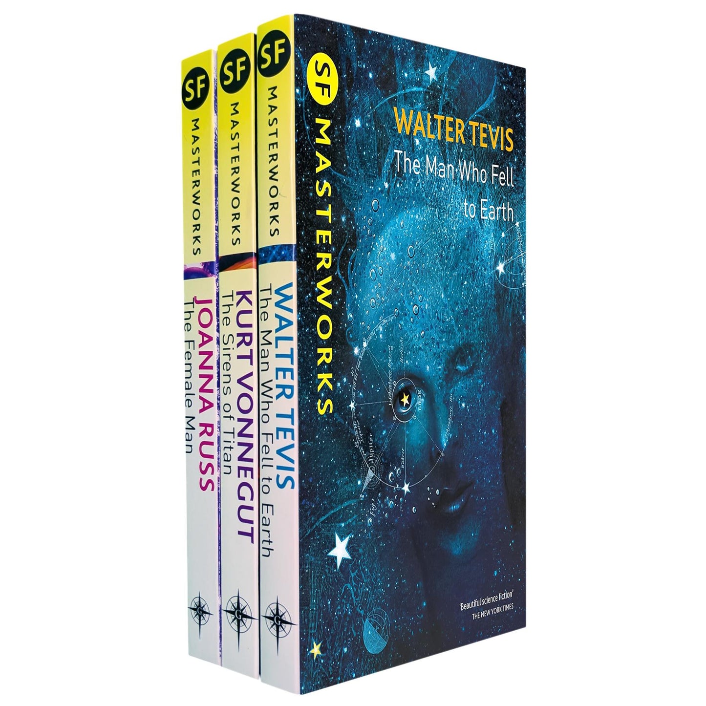 SF Masterworks Collection – Gender, Identity & Cosmic Adventures in The Female Man by Joanna Russ, Sirens of Titan by Kurt Vonnegut & The Man Who Fell to Earth by Walter Tevis (3-Book Set)