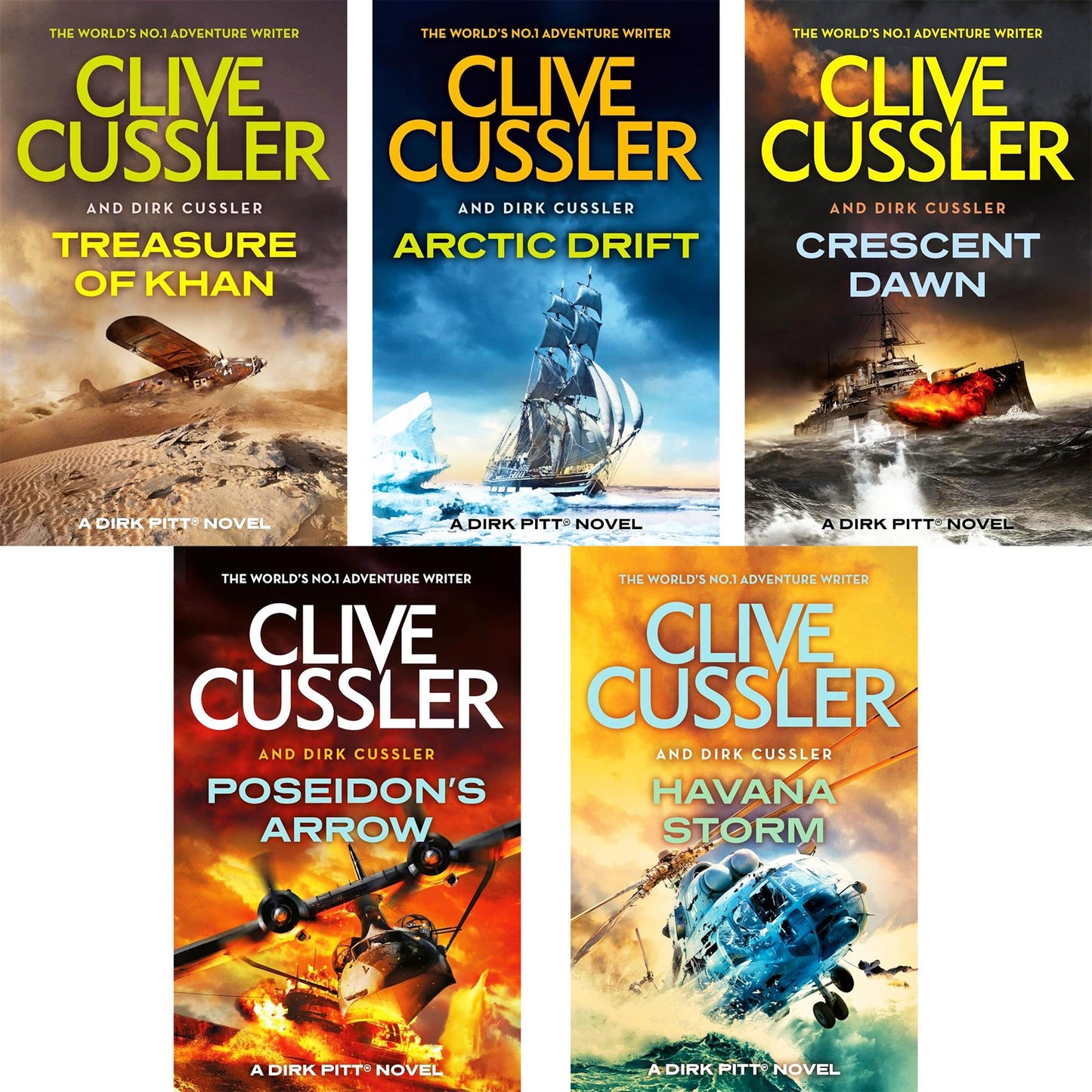 Clive Cussler’s Dirk Pitt 5-Book Collection: “Treasure of Khan,” “Arctic Drift,” “Crescent Dawn,” “Poseidon’s Arrow,” and “Havana Storm” – Epic Maritime Thrillers