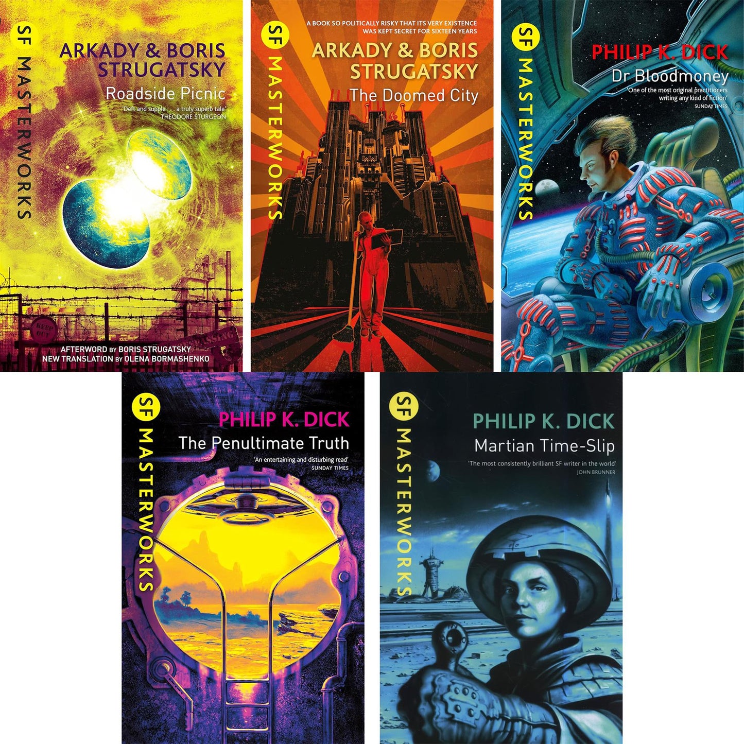 SF Masterworks by Dick & Strugatsky Brothers – Post-Apocalyptic Survival & Rebuilding Society in Roadside Picnic, Doomed City, Dr. Bloodmoney, Penultimate Truth & Martian Time Slip (5-Book Set)