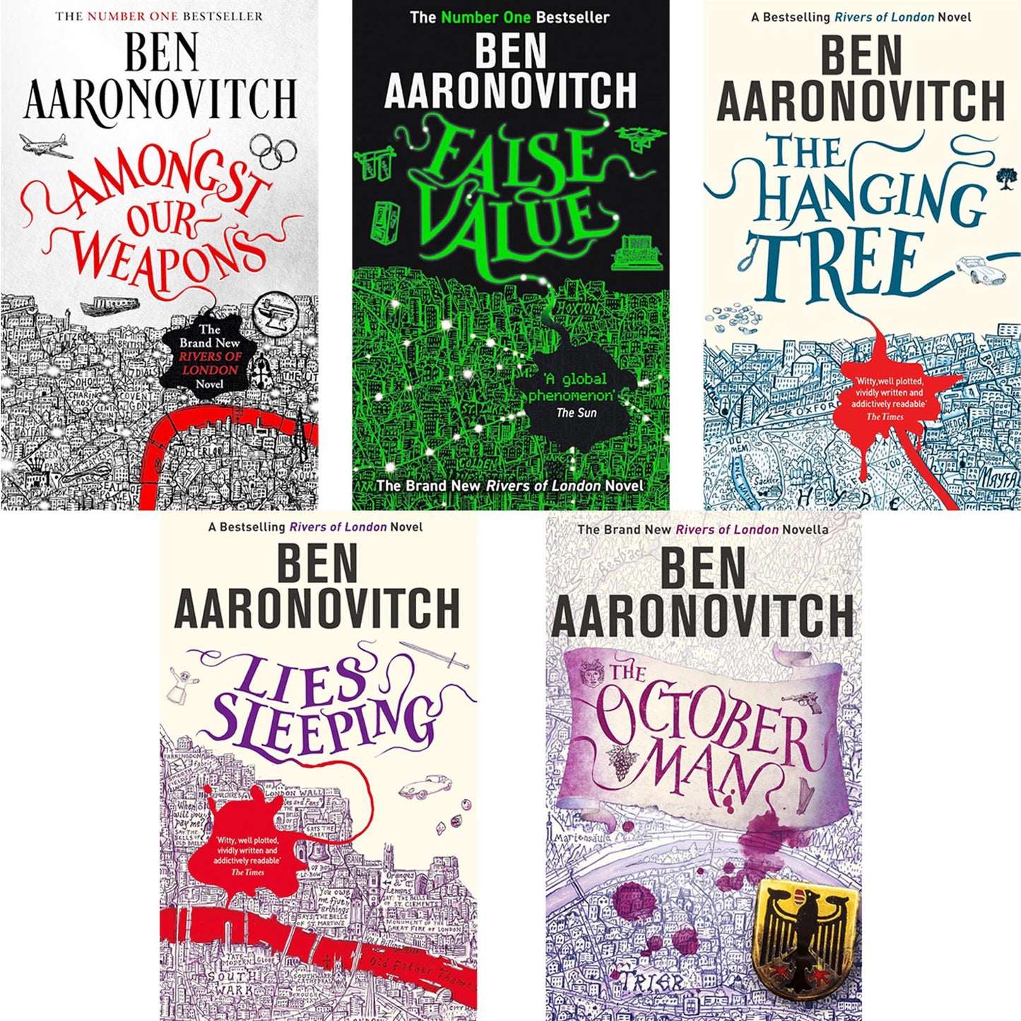 Ben Aaronovitch’s Magical Series Continuation: The Hanging Tree, The October Man, Lies Sleeping, False Value, and Amongst Our Weapons
