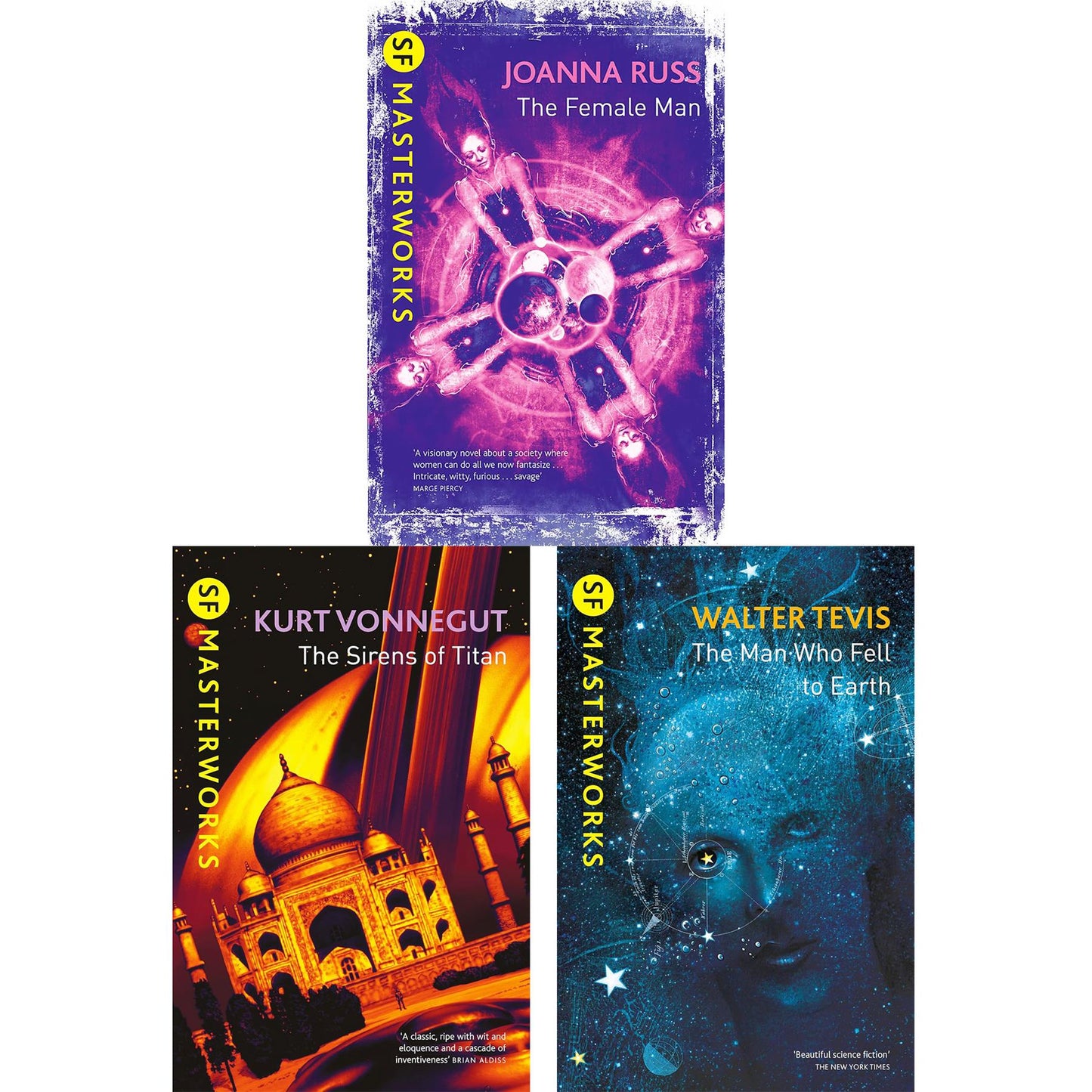 SF Masterworks Collection – Gender, Identity & Cosmic Adventures in The Female Man by Joanna Russ, Sirens of Titan by Kurt Vonnegut & The Man Who Fell to Earth by Walter Tevis (3-Book Set)
