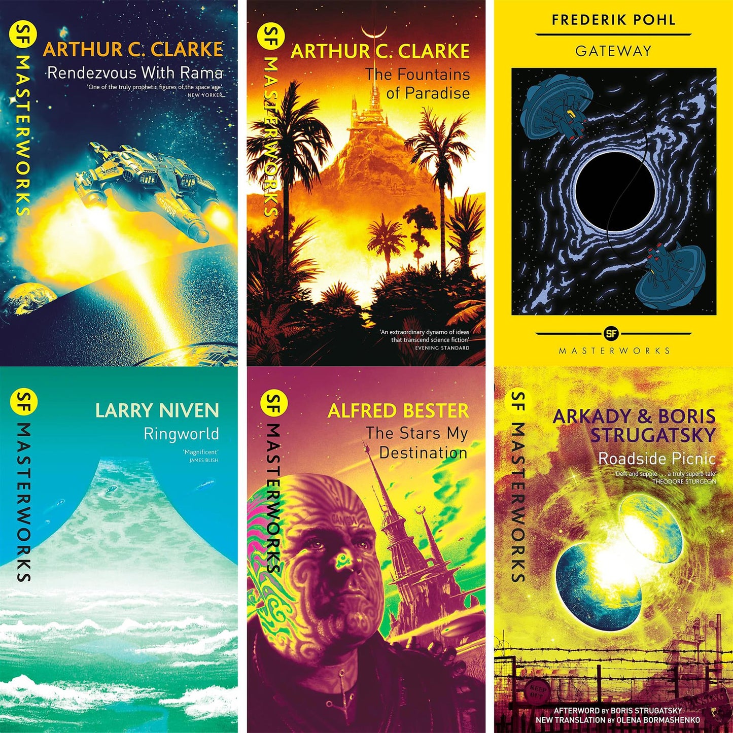 SF Masterworks – Space Exploration, First Contact & Cosmic Mysteries in Rendezvous with Rama, Fountains of Paradise, Gateway, Ringworld, Stars My Destination & Roadside Picnic (6-Book Set)