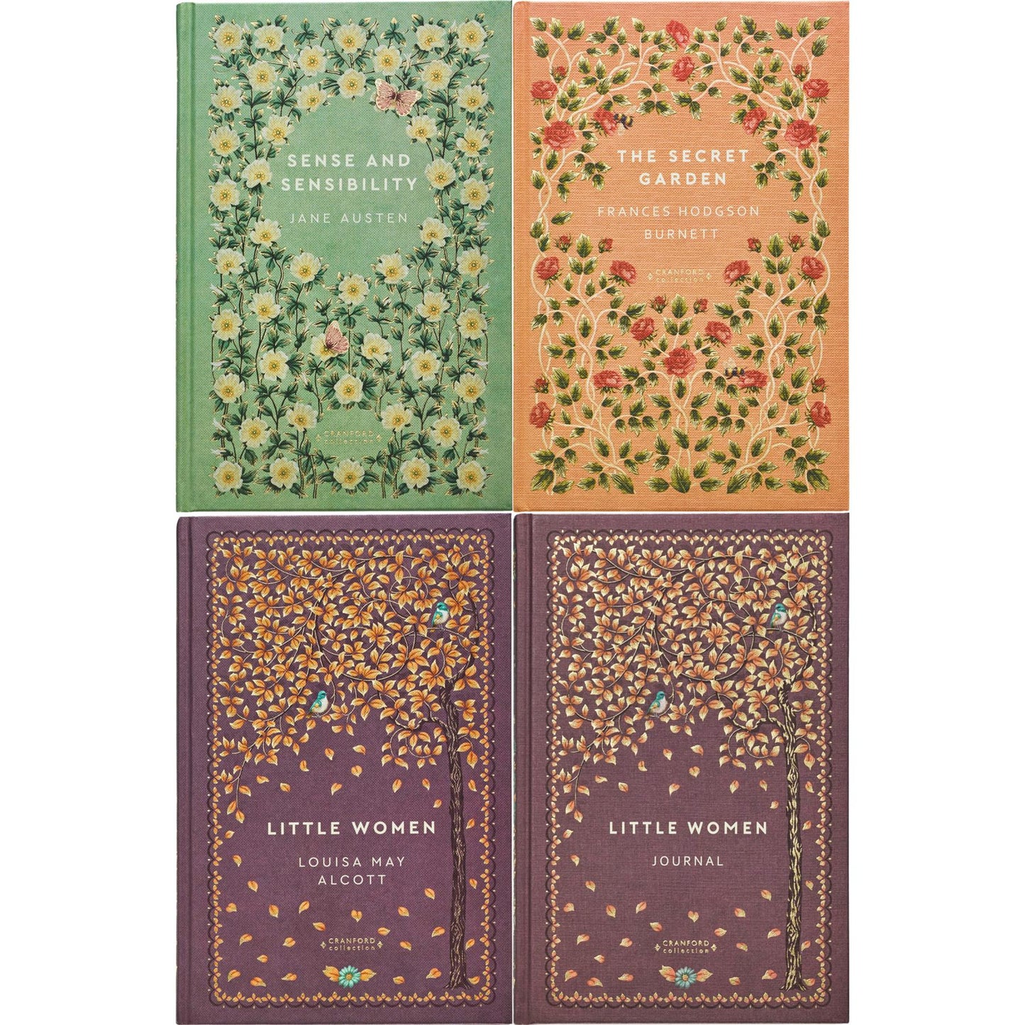 Sense and Sensibility by J. Austen, The Secret Garden by F. H. Burnett & Little Women by L. M. Alcott (Hardcover, 3 Books) with Little Women Journal – A Cranford Edition Set of Love & Growth