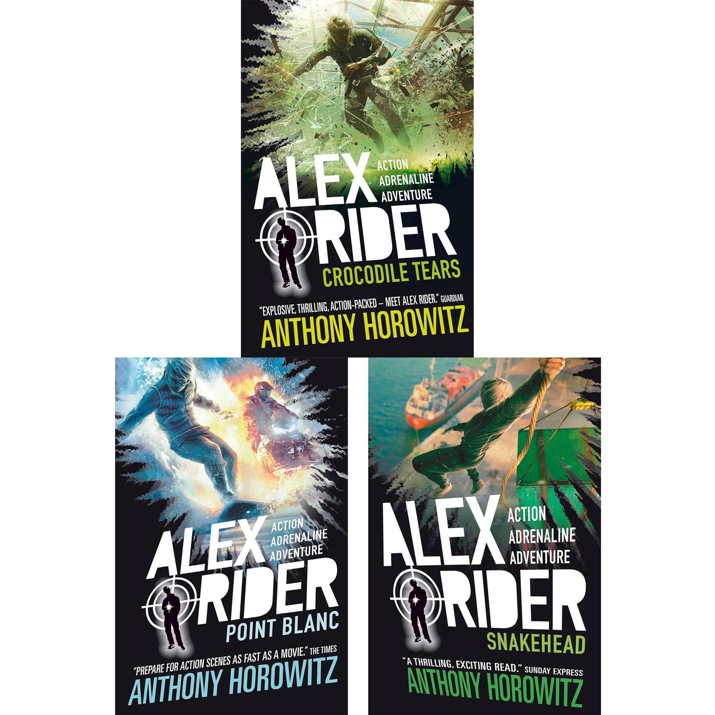 Alex Rider Spy Missions: Crocodile Tears, Point Blanc & Snakehead – High-Stakes Espionage & Global Adventure (3-Book Set)